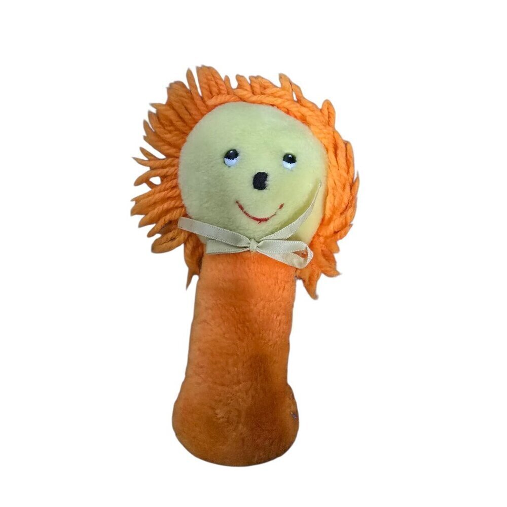 Vintage 1970s Stahlwood Toy Orange Lion Baby Rattle Plush